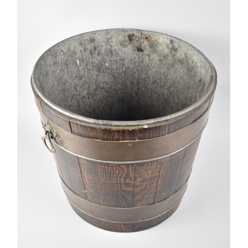 39 - An Edwardian Coopered Oak Coal Bucket with Brass Banding and Arts and Crafts Influenced Handles, Inn... 