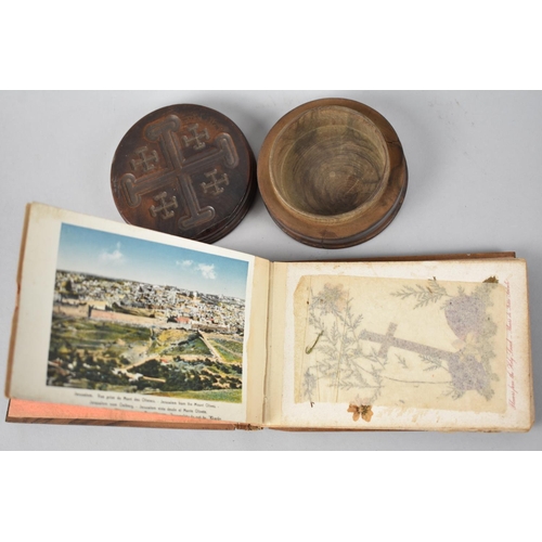 44 - Two Olive Wood Souvenirs From Jerusalem, Pressed Flower Book and Circular Lidded Box, Latter 8cms Di... 