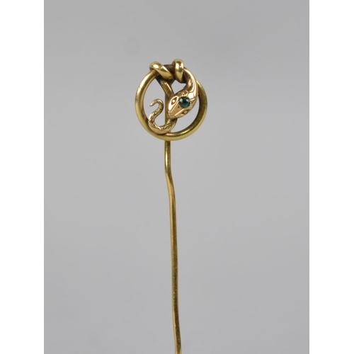 475 - A Lovely Quality 19th Century French Gold Plated Pin, Coiled Serpent with Emerald Coloured Stone to ... 