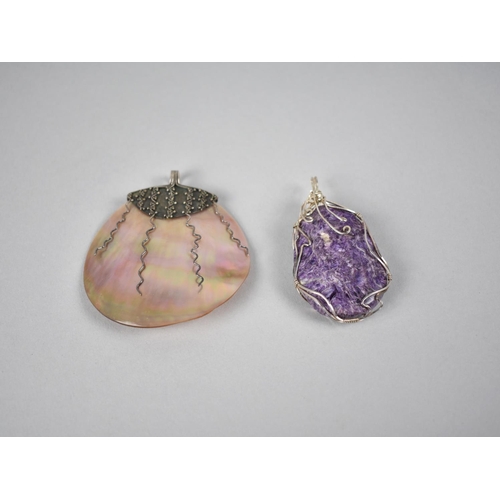 483 - Two White Metal Mounted Pendants, Circular Mother of Pearl  and Charoite Stone Example Both with Wir... 