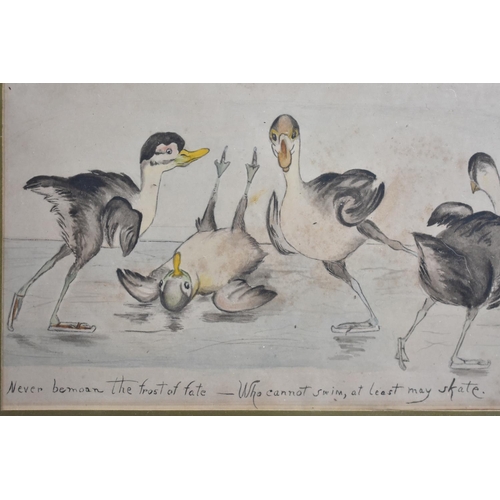 592 - A Framed Cartoon Depicting Ducks on Ice, Never ? the Trust of Fait, 20x15cm