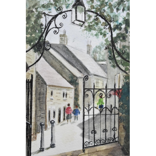 595 - A Framed Watercolour Depicting Village Street Through Church Gate, 12x19cm