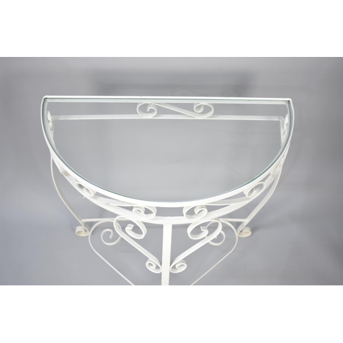 79 - A Mid 20th Century White Painted Wrought Iron Demi Lune Console Table/Plant Stand, 62cms Wide