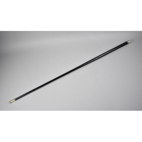 81 - An Edwardian Gents Ebonised Walking Cane with Silver Top Monogrammed M and Silver Plated Ferrule, Lo... 