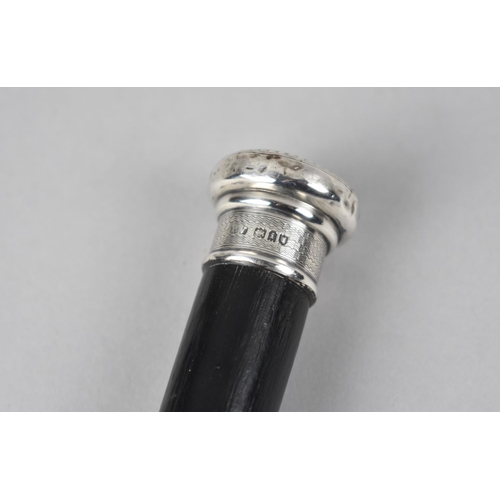 81 - An Edwardian Gents Ebonised Walking Cane with Silver Top Monogrammed M and Silver Plated Ferrule, Lo... 