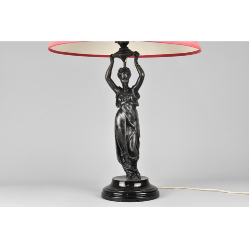 97 - A Modern Bronze Effect Figural Table Lamp in the Form of Classical Maiden with Arms Raised, Complete... 