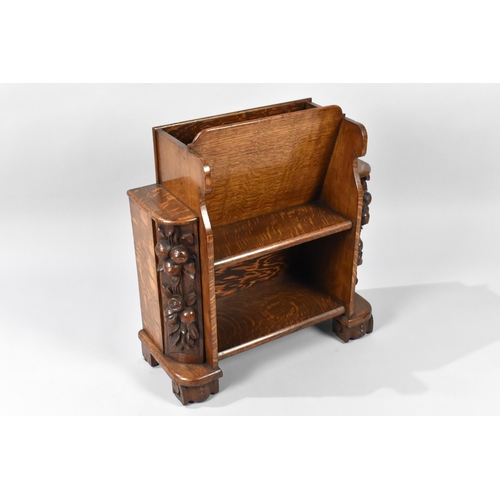 405 - A Nice Quality Oak Magazine Rack and Bookcase with Carved Fruit Decoration to Side Chamfers and Scro... 