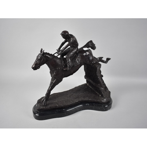 112 - A Large Modern Patinated Bronze Study of Race Horse and Jockey Clearing Fence, Set on Shaped Marble ... 