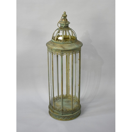 114 - A Tall Green Patinated Metal Lantern, 90cms High Max