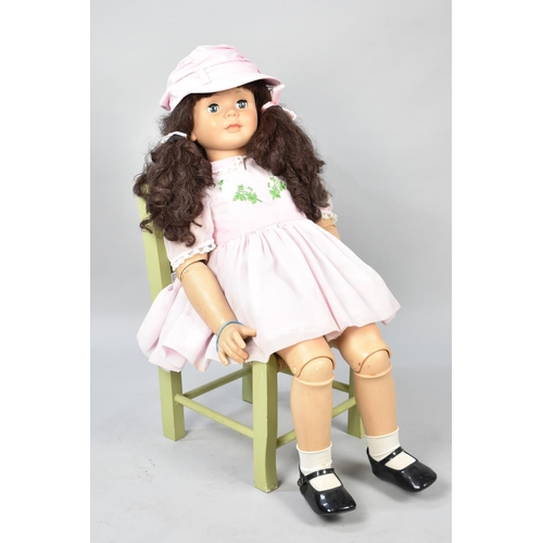 237 - A Large Articulated Modern Doll on Rush Seated Chair, Doll 88cms Tall