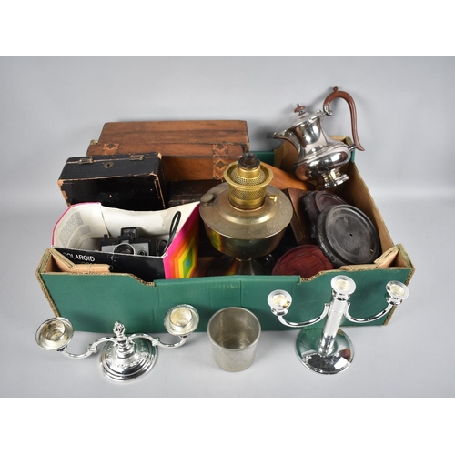 241 - A Collection of Various Sundries to include Workboxes for Restoration, Silver Plate, Oil Lamps, Vase... 