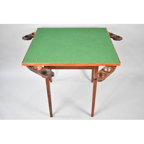 278 - A Vintage Beize Topped Folding Leg Whist Table with Four Hinged Coin and Ashtray Wells, 76.5cms Squa... 