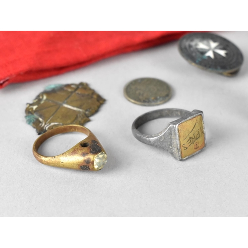 297 - A Collection of Various Sundry Militaria to Comprise Trench Art Rings, Cheshire Cap Badge, Dog Tag, ... 