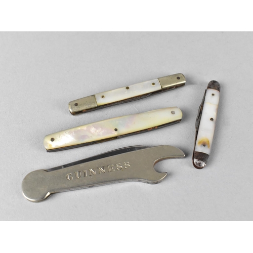 302 - A Guinness Penknife and Bottle/Can Opener along with Three Double Bladed Mother of Pearl Penknives