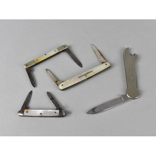 302 - A Guinness Penknife and Bottle/Can Opener along with Three Double Bladed Mother of Pearl Penknives