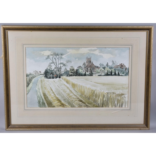 314 - A Framed Watercolour, Rural Village Scene with Church to Background, 54x32cm