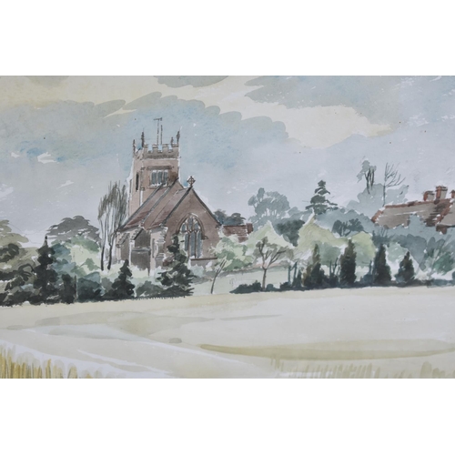 314 - A Framed Watercolour, Rural Village Scene with Church to Background, 54x32cm