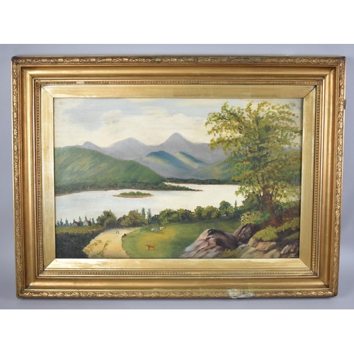 330 - A Gilt Framed Naive Oil on Canvas, Highland Lake Landscape