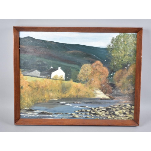 335 - A Framed Welsh Naive Oil on Card, Stream Scene with Cottages, 51x38cm