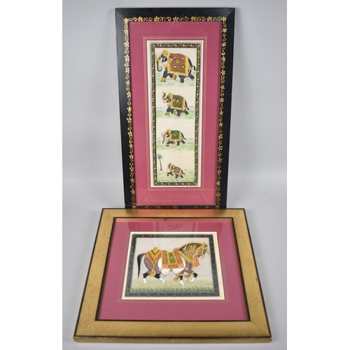 351 - Two Indian Framed Paintings on Silk, Elephants and Horse