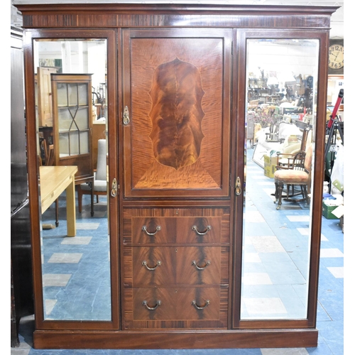 525 - An Edwardian Inlaid Mahogany Triple Wardrobe, Centre Section with Panelled Door to Shelved Top, Thre... 