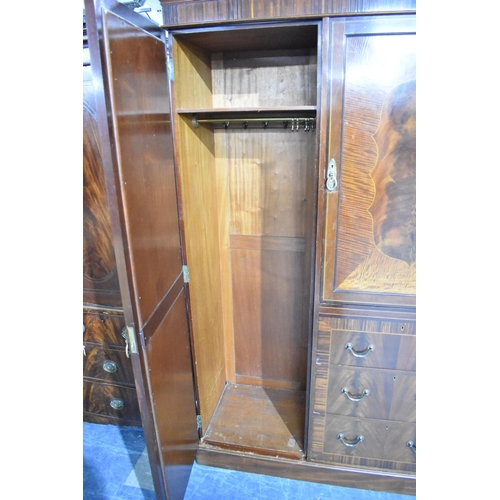 525 - An Edwardian Inlaid Mahogany Triple Wardrobe, Centre Section with Panelled Door to Shelved Top, Thre... 