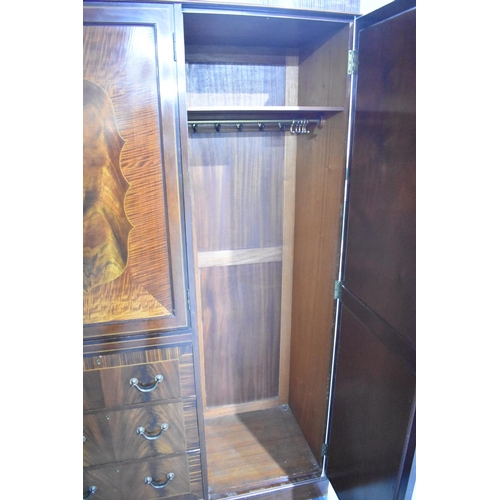 525 - An Edwardian Inlaid Mahogany Triple Wardrobe, Centre Section with Panelled Door to Shelved Top, Thre... 