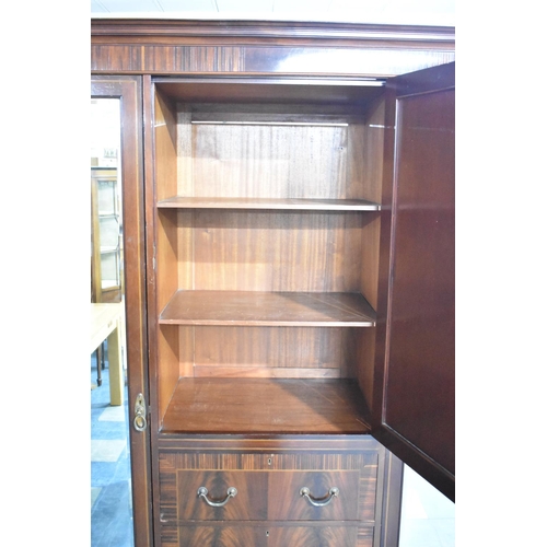 525 - An Edwardian Inlaid Mahogany Triple Wardrobe, Centre Section with Panelled Door to Shelved Top, Thre... 