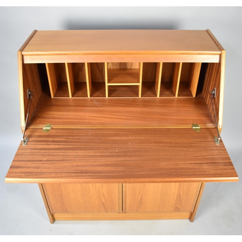 554 - A 1970s Fall Front Bureau with Fitted Interior, Centre Long Drawer and Base Cupboard, 84cms Wide