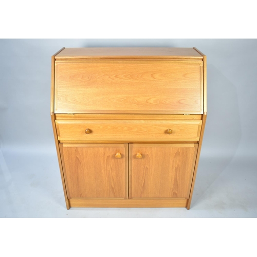 554 - A 1970s Fall Front Bureau with Fitted Interior, Centre Long Drawer and Base Cupboard, 84cms Wide