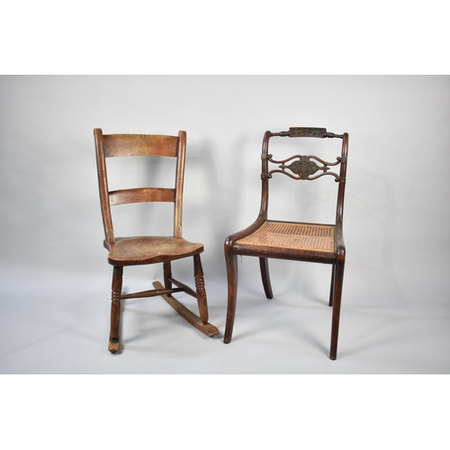 569 - A Vintage Elm Seated Ladder Back Rocking Chair and a Brass Inlaid Chair