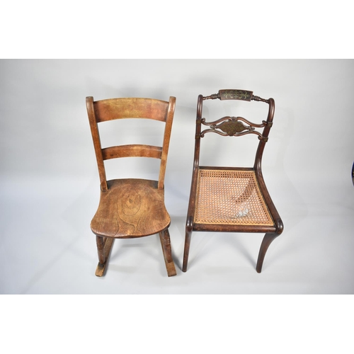 569 - A Vintage Elm Seated Ladder Back Rocking Chair and a Brass Inlaid Chair