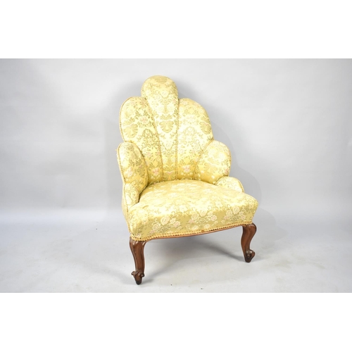 575 - A Victorian Shell Backed Ladies Nursing Chair with Silk Upholstery and Carved Scrolled Front Support... 