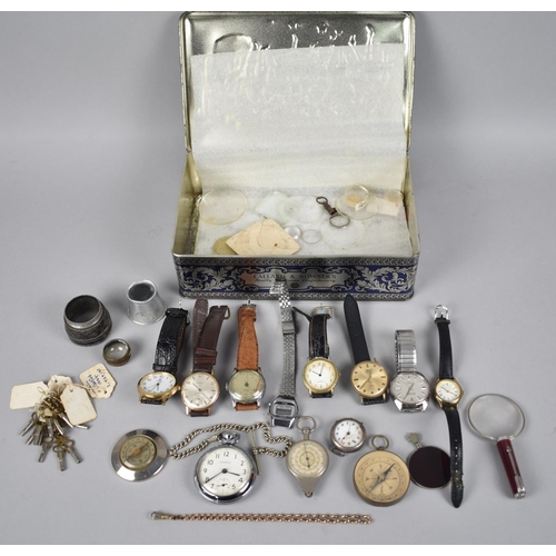 91 - A Tin Containing Various Wrist Watches, Pocket Watches, Map Measurers Etc