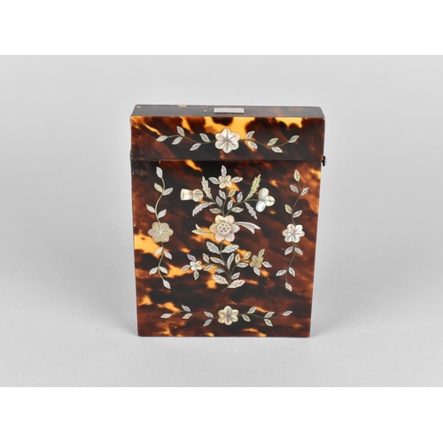 11 - A Late 19th/Early 20th Century Mother of Pearl Inlaid Tortoiseshell Card Case with Hinged Lid, Flora... 