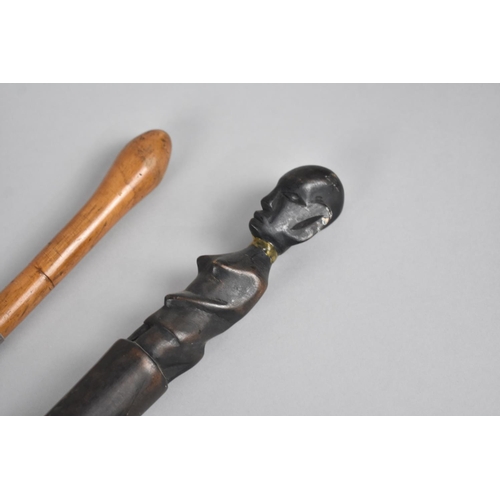 128 - A Vintage African Walking Cane with Carved Handle in the Form of Kneeling Female (Head Glued) Togeth... 