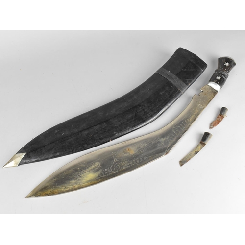 163 - A Far Eastern Kukri Knife in Scabbard with Two Daggers , Leather Scabbard, 65cm Long