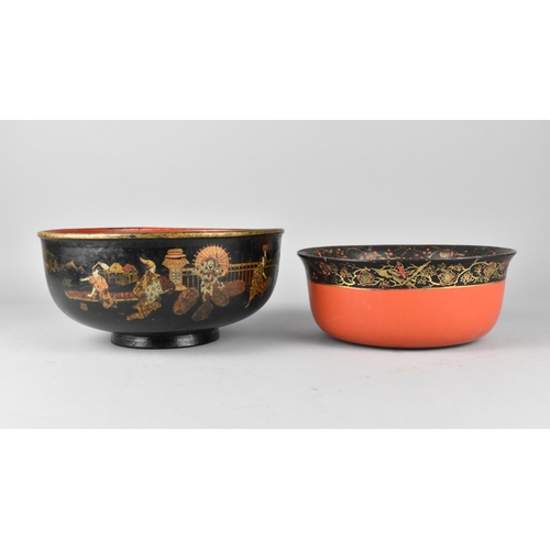 41 - Two Early/Mid 20th Century Lacquered Bowls with Chinoiserie Decoration, One Inscribed Made in Japan,... 