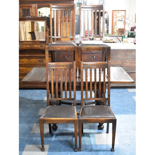 575 - An Edwardian Oak Draw Leaf Extending Dining Table on Carved Bulbous Supports Together with Four Oak ... 