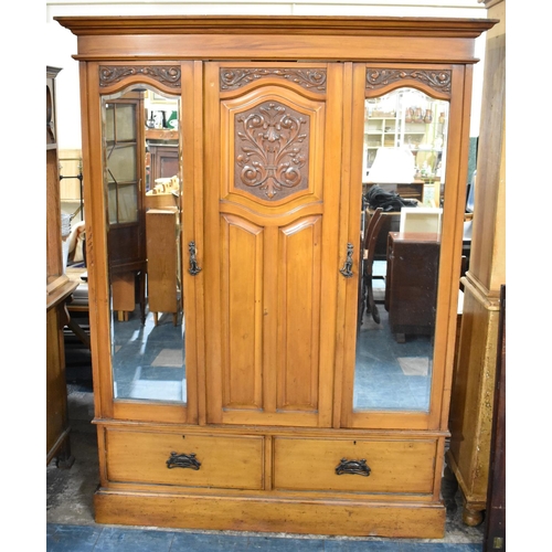 586 - A Late Victorian/Edwardian Walnut Triple Wardrobe with Mirrored Doors Either Side Central Panel, two... 