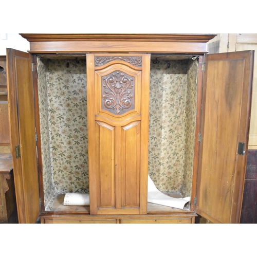 586 - A Late Victorian/Edwardian Walnut Triple Wardrobe with Mirrored Doors Either Side Central Panel, two... 