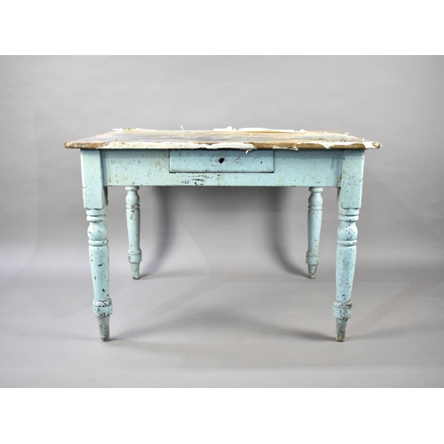 591 - A 19th Century Three Planked Scrub Top Scullery Side Table on Blue Painted Turned Supports, Single D... 