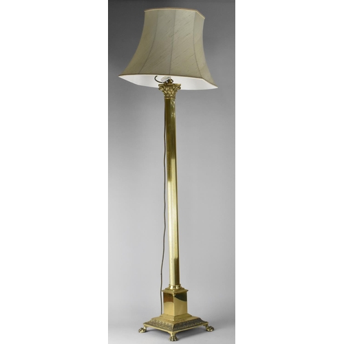 83 - A Late 20th Century Brass Standard Lamp of Ribbed Corinthian Column Form, Complete with Shade, on Sq... 