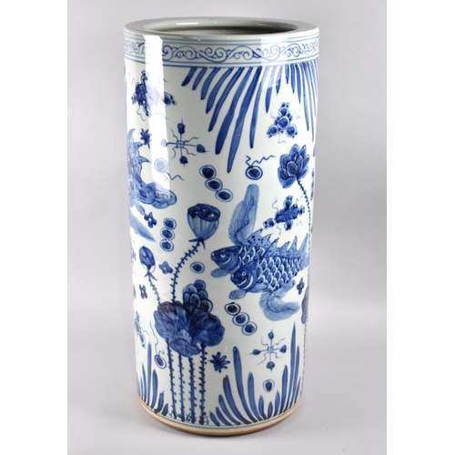 93 - A Cylindrical Blue and White Stick Stand Decorated with Carp and Flowers, 20.5cm Diameter and 58cm H... 