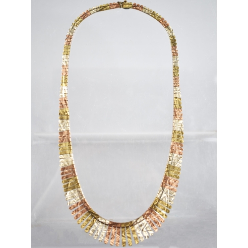 62 - An Italian 9ct Tri Coloured Gold Cleopatra Fringe Necklace with Engraved Decoration, White, Yellow a... 