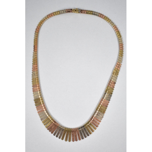 62 - An Italian 9ct Tri Coloured Gold Cleopatra Fringe Necklace with Engraved Decoration, White, Yellow a... 