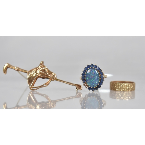 75 - A Collection of Three 9ct Gold Mounted Items to include Textured Wedding Band, 2.7gms, Opal and Sapp... 