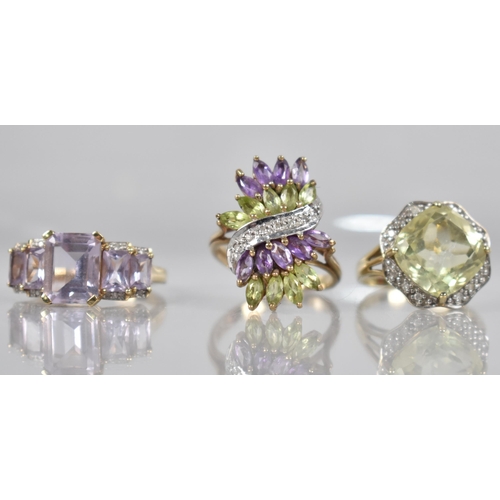 77 - A Collection of Three Jewelled Rings, Each having Diamond Embellishments, to include Peridot, Citrin... 