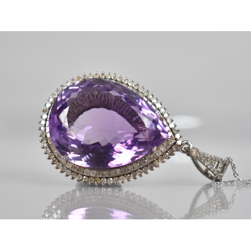 113 - An Amethyst and Diamond Mounted Pendant, Large Central Pear Cut Amethyst Measuring 46.50ct Approx, S... 