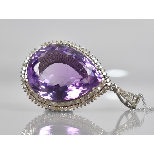 113 - An Amethyst and Diamond Mounted Pendant, Large Central Pear Cut Amethyst Measuring 46.50ct Approx, S... 